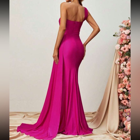 Luxe one shoulder slit thighs party formal evening bridesmaids wedding dress - Picture 3 of 6